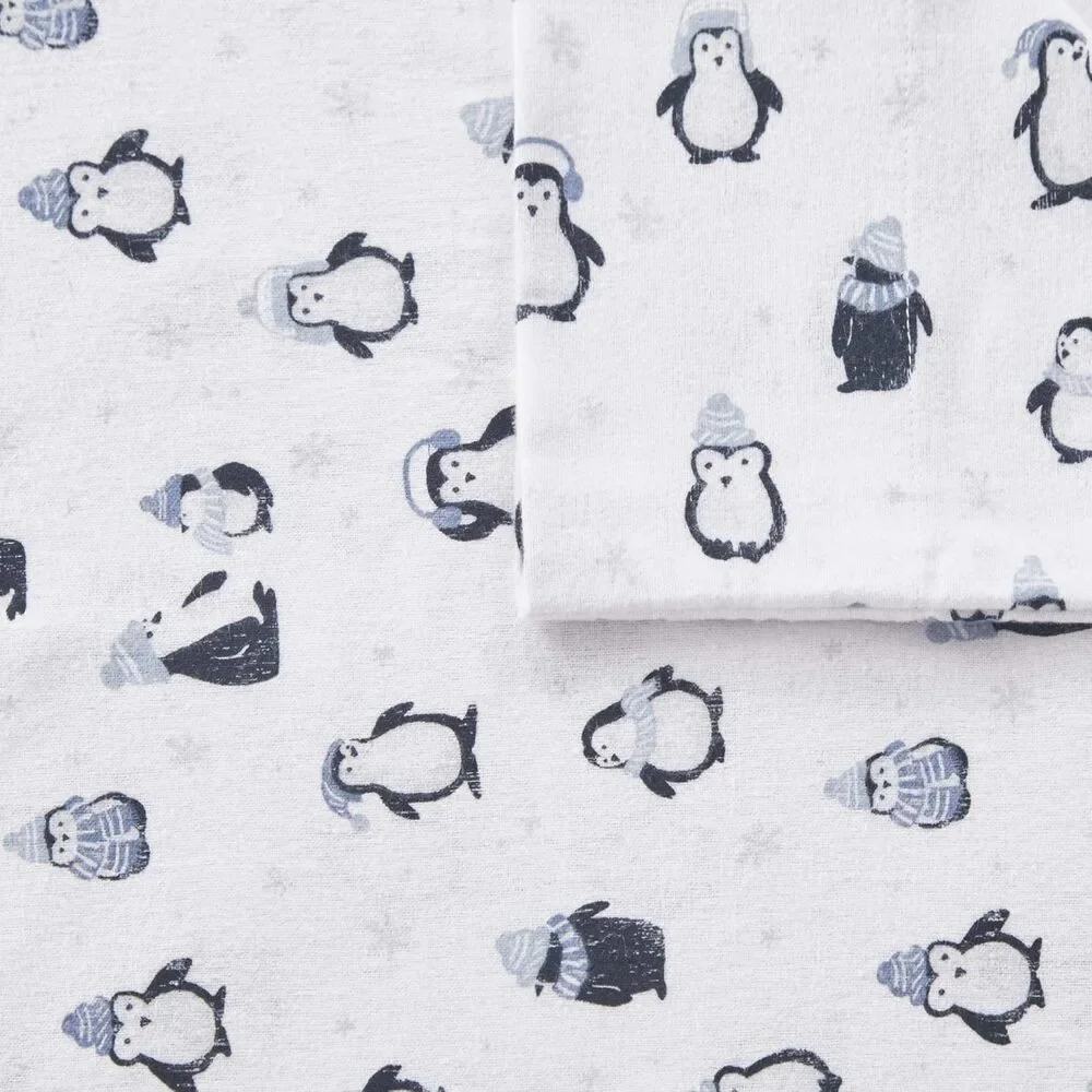 Intelligent Design Cozy Soft 100% Cotton Flannel Full Blue Penguins 4 Piece